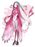 1girl bachikin_(kingyo155) bird_legs blue_hair breasts claws commentary_request feathered_wings feathers full_body gradient_hair harpy heart monster_girl multicolored_hair open_mouth original pink_eyes pink_feathers pink_hair pink_theme pink_wings small_breasts solo talons white_hair winged_arms wings 