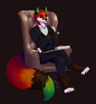  2018 anthro armchair barefoot black_background black_ears black_nose black_sclera business_suit canid canine chair clothing crossed_legs digitigrade eyewear feet fox fur furniture green_eyes green_inner_ear green_tail_tip hi_res holding_eyewear holding_glasses holding_notebook holding_object holding_pen male mammal pen psychiatrist red_body red_fur serious_face simple_background sitting sitting_on_armchair snowyzorua solo suit victor_johansen 
