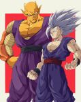  2boys antennae baggy_pants biceps black_sash black_wristband border bure_(fantasticyouth7) clenched_hand colored_skin commentary_request dougi dragon_ball dragon_ball_super dragon_ball_super_super_hero gohan_beast grey_hair hands_on_own_hips highres large_pectorals looking_at_another looking_down looking_up male_focus multiple_boys muscular muscular_male namekian no_eyebrows orange_piccolo orange_skin outside_border pants parted_lips pectorals piccolo pointy_ears purple_pants red_background red_eyes red_sash sash simple_background smile smirk son_gohan spiked_hair standing thick_arms v-shaped_eyebrows white_border wristband 