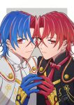  alear_(fire_emblem) alear_(male)_(fire_emblem) blue_eyes blue_gloves blue_hair crossed_bangs fire_emblem fire_emblem_engage gloves heterochromia highres light_frown light_smile multicolored_hair official_alternate_hair_color red_eyes red_gloves red_hair side-by-side split-color_hair two-tone_hair two-tone_pubic_hair 