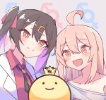  2girls :d ahoge black_hair bolo_tie brown_eyes c: collarbone commentary_request eyes_visible_through_hair hair_between_eyes hair_ornament hairclip highres labcoat long_hair male-female_symbol mix_(mixed) multicolored_hair multiple_girls off_shoulder onii-chan_wa_oshimai! open_mouth oyama_mahiro oyama_mihari pink_hair purple_hair red_shirt shirt siblings sisters smile sparkling_eyes split_mouth twintails two-tone_hair wing_collar 
