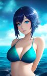  ai-generated bikini blue_eyes blue_sky breasts highres large_breasts non-web_source ocean sky star_(sky) starry_sky swimsuit 