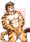  abs anthro biceps blush brown_hair covering covering_crotch covering_self felid hair hi_res kumak71395 male mammal markings matheson multicolored_body muscular muscular_male nipples nude pantherine pecs smile solo striped_body stripes tail tiger yellow_body 