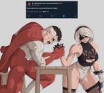  1boy 1girl 2b_(nier:automata) bara black_blindfold black_gloves black_hair black_thighhighs blindfold bodysuit breasts bulge cape covered_eyes crossover facial_hair gloves grey_background hairband highres invincible_(series) leotard mole mole_under_mouth multicolored_hair muscular muscular_female muscular_male mustache nier:automata nier_(series) omni-man pink_lips red_bodysuit red_cape short_hair stool struggling superhero sweat thighhighs twitter two-tone_hair white_bodysuit white_hair yoracrab 
