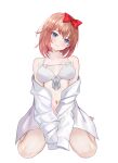  1girl absurdres bikini blue_eyes blush bow collarbone commentary doki_doki_literature_club english_commentary full_body head_tilt highres kneeling long_sleeves navel pink_hair red_bow sayori_(doki_doki_literature_club) shirt short_hair simple_background sleeves_past_fingers sleeves_past_wrists smile solo swimsuit white_background white_bikini white_shirt yami_(rear4742) 