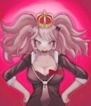  1girl :d bear_hair_ornament black_necktie black_shirt blonde_hair blue_eyes blush bow breasts cleavage collarbone crown danganronpa:_trigger_happy_havoc danganronpa_(series) enoshima_junko hair_ornament hands_on_own_hips haru_(b_ki85) large_breasts long_sleeves looking_at_viewer necktie pink_background red_bow shirt smile solo teeth twintails upper_body upper_teeth_only white_necktie 
