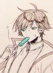  1boy absurdres antenna_hair aqua_eyes black_hair coat food_in_mouth gloves greyscale highres jacket long_sleeves male_focus monochrome nie3nie3 niimura_kou okami_game_(werewolf) popsicle_in_mouth solo sweat translation_request 