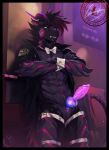  absurd_res anthro blue_eyes blue_penis bow_tie clothing dragon erection genitals glowing glowing_body glowing_eyes hair hi_res horn jacket knot leg_strap looking_at_viewer male matias_(theeldermousescrolls) mostly_nude multicolored_penis nerton penile_spines penis purple_body purple_penis purple_scales scales sharp_teeth slit smile smirk solo standing tail tail_tuft teeth topwear tuft 