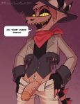  3_fingers anthro bandanna clothed clothing fingers genitals helluva_boss hi_res horn humanoid imp kerchief male penis solo spiked_tail spikes spikes_(anatomy) striker_(helluva_boss) tail unknown_artist western 