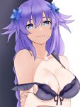  1girl bare_shoulders blue_eyes blush braid breasts cleavage collarbone english_commentary flower hair_flower hair_ornament highres large_breasts light_smile long_hair looking_at_viewer neptune_(series) power_symbol purple_hair purple_heart solo symbol-shaped_pupils twin_braids upper_body zatsu 