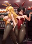  2girls animal_ears ass black_hair black_pantyhose blonde_hair bottle bow bowtie breasts cigarette covered_navel cslucaris cup detached_collar drinking_glass fake_animal_ears fake_tail gradient_hair grey_eyes highleg highleg_leotard highres holding holding_bottle holding_tray indoors large_breasts leotard long_hair medium_breasts multicolored_hair multiple_girls pantyhose playboy_bunny purple_eyes rabbit_ears rabbit_tail red_bow red_bowtie red_hair red_leotard ruby_rose rwby short_hair siblings sisters smile smoke smoking standing strapless strapless_leotard tail traditional_bowtie tray very_long_hair wrist_cuffs yang_xiao_long yellow_leotard 