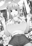  2girls bare_shoulders belt blurry blurry_background bra_strap breasts building butterfly_hair_ornament character_request city cloud collared_shirt commentary_request crop_top cup disposable_cup drinking drinking_straw fingernails go-toubun_no_hanayome greyscale hair_ornament hands_up highres kosmos_beta large_breasts long_fingernails long_hair looking_down midriff_peek monochrome multiple_girls nakano_nino navel object_on_breast outdoors ponytail shirt short_shorts shorts sidelocks solo_focus 