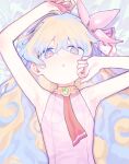  1girl :o armpits arms_up bed_sheet blue_eyes blue_hair blush breasts flower flower-shaped_pupils hair_between_eyes hair_flower hair_ornament hair_ribbon highres long_hair looking_at_viewer lying multicolored_hair nia_teppelin on_back parted_lips pink_flower pink_nails pink_pupils pink_shirt ribbon shirt signalviolet sleeveless sleeveless_shirt small_breasts solo symbol-shaped_pupils tengen_toppa_gurren_lagann upper_body 