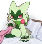  ambiguous_gender anthro bed biped blush floragato fur furniture generation_9_pokemon green_body green_fur hinako_iroiro nintendo on_bed pawpads pokemon pokemon_(species) red_eyes simple_background solo white_background 