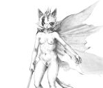  5_fingers anthro areola breasts cape cape_only clothing female fingers fur genitals holding_object inner_ear_fluff looking_at_viewer mammal monochrome mostly_nude navel nipples nude pussy signature simple_background solo standing tail tuft unknown_artist unknown_species white_background 