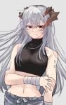  1girl alternate_costume arknights bandages bare_shoulders black_shirt commentary crop_top grey_hair highres horns long_hair looking_at_viewer midriff miyachi_(tanya_visha) navel orange_eyes saria_(arknights) shirt sleeveless sleeveless_shirt solo stomach upper_body very_long_hair wrist_wrap 