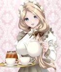  1girl blonde_hair bow breasts brown_bow cake commentary_request cup dress fire_emblem fire_emblem:_three_houses fire_emblem_heroes food frills hair_bow holding holding_teapot holding_tray juliet_sleeves kakiko210 large_breasts long_hair long_sleeves maid_headdress mercedes_von_martritz mercedes_von_martritz_(tea_party) official_alternate_costume open_mouth puffy_sleeves purple_eyes side_ponytail smile solo swept_bangs teacup teapot tray very_long_hair white_dress 