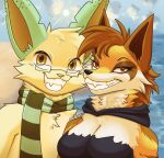  ambiguous_gender anthro beach breasts canid canine chest_tuft cleavage clothed clothing cloud detailed_background duo eeveelution eye_markings eyebrows eyewear ezpups facial_markings fangs female fluffy fox generation_4_pokemon glasses head_markings head_tuft inner_ear_fluff leafeon mammal markings mostly_nude neck_tuft nintendo notched_ear outside pokemon pokemon_(species) prick_ears scarf scarf_only seaside sky snout sun teeth toothy_grin tuft water 