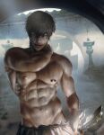  1boy abs bara black_hair fushiguro_touji holding holding_weapon jujutsu_kaisen large_pectorals looking_at_viewer male_focus muscular muscular_male navel nipple_piercing nipples pants patreon_username pectorals piercing scar scar_on_face scar_on_mouth short_hair smile solo weapon white_pants xteve_abanto 