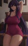  1girl arm_up armpits bed breasts cleavage closed_mouth collarbone commentary covered_navel english_commentary highres indoors komi-san_wa_komyushou_desu komi_shouko lamp large_breasts long_hair looking_at_viewer off_shoulder purple_eyes purple_hair single_bare_shoulder solo thighs zaphn 