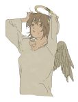  1girl angel_wings arms_up brown_eyes brown_hair brown_shirt commentary_request cropped_torso fake_halo furrowed_brow haibane_renmei halo hands_on_own_head headband long_sleeves looking_up nervous parted_lips raised_eyebrows rakka_(haibane) shirt simple_background solo sweatdrop tareme tunamayo_aku white_background white_headband wings 
