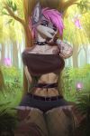  anthro blue_eyes canid canine canis clothed clothing collar detailed_background ear_piercing facial_piercing female hi_res lazyollie mammal nose_piercing piercing plant solo tree wolf 
