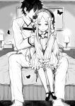  1boy 1girl abigail_williams_(fate) bed beret blush bow bug butterfly chaldea_uniform dress faceless faceless_male fate/grand_order fate_(series) fujimaru_ritsuka_(male) greyscale hair_bow hands_on_another&#039;s_shoulders hat hetero indoors long_hair mary_janes monochrome multiple_hair_bows nanatsugumi on_bed open_mouth parted_bangs shoes sitting sleeves_past_fingers sleeves_past_wrists tissue_box 