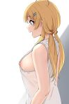  1girl ahoge blonde_hair breasts emu_1316 hachimiya_meguru hair_ornament hairpin highres idolmaster idolmaster_shiny_colors long_hair looking_afar medium_breasts nipple_slip nipples no_bra profile shirt sleeveless sleeveless_shirt solo twintails upper_body white_shirt 