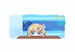  1girl absurdres blonde_hair blue_eyes chibi commentary desk english_commentary flying_sweatdrops hair_ornament highres hololive hololive_english monocle_hair_ornament mpien peeking_out simple_background solo sun timestamp virtual_youtuber watson_amelia white_background 