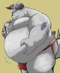  anthro behemoth_(housamo) belly belly_grab bulge butt clothing detailed_bulge eyebrows fur hair hi_res horn jockstrap lifewonders male monster moobs overweight pupils purple_hair slit_pupils solo thick_eyebrows tokyo_afterschool_summoners underwear ura_bg white_body white_fur 