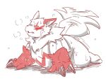  ambiguous_fluids ambiguous_gender anthro black_nose bodily_fluids breath claws fur generation_3_pokemon lying nintendo on_front open_mouth overweight pokemon pokemon_(species) red_sclera solo sweat tail tail_motion tailwag takagi_kyou teeth_showing white_body white_fur zangoose 