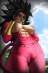  1girl abs absurdres big_hair black_hair blue_sky body_fur breasts closed_mouth cloud dragon_ball dragon_ball_super earrings elite_nappa highres jewelry kefla_(dragon_ball) large_breasts long_hair monkey_tail nipples potara_earrings shade skin_tight sky solo spiked_hair standing super_saiyan super_saiyan_4 tail topless yellow_eyes 