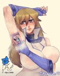  1girl arm_behind_head artist_name blindhunter99 blonde_hair blue_gloves blue_nails breasts brown_eyes covered_nipples duel_academy_uniform_(yu-gi-oh!_gx) fingerless_gloves gloves highres huge_breasts long_hair shadow solo steam sweat tenjouin_asuka upper_body yellow_background yu-gi-oh! yu-gi-oh!_gx 