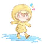  1girl blonde_hair boots chibi colorado_(kancolle) garrison_cap hat highres hood hood_up hoodie kantai_collection no_mouth puddle raincoat riretsuto rubber_boots short_hair simple_background solid_eyes walking walking_on_liquid yellow_footwear yellow_raincoat |_| 