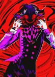  1boy alternate_color alternate_costume black_jacket blood blood_on_hands buttons checkered_clothes checkered_scarf cowboy_shot danganronpa_(series) danganronpa_v3:_killing_harmony double-breasted dutch_angle hands_up highres horror_(theme) jacket long_sleeves male_focus medium_hair oma_kokichi pink_hair pink_jacket pink_scarf purple_hair red_background red_eyes scarf soldierel two-tone_scarf 