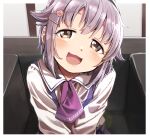  1girl blush brown_eyes chair hair_ornament hairclip highres idolmaster idolmaster_cinderella_girls idolmaster_cinderella_girls_starlight_stage indoors koshimizu_sachiko long_sleeves looking_at_viewer neckerchief open_mouth purple_hair purple_neckerchief purple_skirt shirt short_hair sitting skirt smile solo suspender_skirt suspenders white_shirt yukie_(kusaka_shi) 