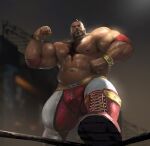  1boy abs bara beard biceps brown_hair bulge chest_hair cross-laced_clothes cross-laced_legwear facial_hair flexing from_below large_pectorals male_focus mature_male mohawk muscular muscular_male navel nipples pectorals phairtails_(hairtails1) short_hair solo stomach street_fighter street_fighter_6 strongman_waist thick_arms thick_eyebrows thick_thighs thighs topless_male wrestler wrestling_outfit zangief 