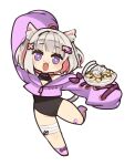  1girl :d animal_ears black_leotard breasts cat_ears chibi full_body highres indie_virtual_youtuber leotard long_sleeves looking_at_viewer mota open_mouth purple_eyes satou_namu_(vtuber) short_hair simple_background sleeves_past_wrists smile solo virtual_youtuber white_background white_hair 