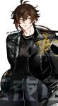  1boy ahoge bishounen black_jacket brown_hair dragon dragon_print eastern_dragon eriimyon eyeliner genshin_impact helmet highres jacket jewelry makeup male_focus necklace short_hair simple_background solo white_background yellow_eyes zhongli_(genshin_impact) 