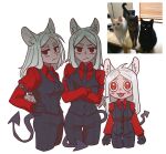  3girls absurdres animal_ears black_gloves black_necktie black_vest blush cerberus_(helltaker) crossed_arms dal demon demon_girl demon_tail dog_ears gloves hand_on_own_hip helltaker highres multiple_girls necktie red_eyes red_shirt shirt tail tongue tongue_out triplets vest 