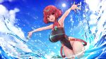  1girl :d armpits black_one-piece_swimsuit blush breasts chest_jewel competition_swimsuit cowboy_shot day highleg highleg_swimsuit highres large_breasts looking_at_viewer one-piece_swimsuit outdoors outstretched_arms pyra_(pro_swimmer)_(xenoblade) pyra_(xenoblade) red_eyes red_hair short_hair smile solo splashing sun swept_bangs swimsuit tiara virus-g water xenoblade_chronicles_(series) xenoblade_chronicles_2 
