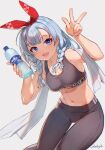  1girl alternate_costume arm_up armpits arpeggio_kaga bare_arms bare_shoulders black_pants black_shirt blue_eyes bottle braid breasts crop_top hair_over_shoulder hair_ribbon hand_up highres holding holding_bottle indie_virtual_youtuber kanzaki_mikoto_(vtuber) leggings long_hair looking_at_viewer medium_breasts midriff navel open_mouth pants ribbon shirt simple_background sleeveless sleeveless_shirt smile solo sports_bra stomach sweat towel twin_braids v virtual_youtuber water_bottle white_background white_hair 