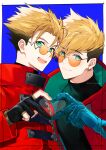  2boys :d artist_name black_gloves black_shirt blonde_hair blue_background border buttons closed_mouth coat collared_coat commentary dual_persona earrings eyelashes glasses gloves green_eyes hair_between_eyes hand_up heart heart_hands heart_hands_duo high_collar highres jewelry long_sleeves looking_at_viewer male_focus mole mole_under_eye multiple_boys open_clothes open_coat open_mouth orange-tinted_eyewear outside_border partially_fingerless_gloves prosthesis prosthetic_arm red_coat round_eyewear shirt short_hair simple_background single_earring smile spiked_hair teeth tinted_eyewear trigun trigun_stampede turtleneck twitter_username undercut upper_body upper_teeth_only vash_the_stampede white_border yasuda_(info_yasuda) zipper 