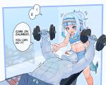  1girl abs alternate_hairstyle blue_eyes blue_hair dumbbell ebi-chan_(gawr_gura) english_text exercise fins fish_tail gawr_gura gills grey_hair gym gym_shorts headband hololive hololive_english mask moral_cacoethes multicolored_hair ponytail shark_girl shark_tail shorts shrimp sports_bra streaked_hair sweat tail toned toned_male trembling virtual_youtuber weightlifting weights 