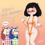  2023 absurd_res accessory animal_crossing apron bikini black_hair blue_body blush bow_ribbon breasts brown_eyes clapping clothed clothing ellipsis embarrassed eulipotyphlan eyewear female female/female glasses group hair handwear headgear headwear hedgehog hi_res human i3i2455_ivi394 korean_text mabel_able mammal mostly_nude nintendo open_mouth red_body sable_able simple_background sling_bikini swimwear text translated trio villager_(animal_crossing) 