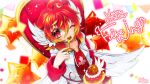  1girl absurdres blurry blurry_background blurry_foreground depth_of_field feathered_wings food highres huumachii looking_at_viewer non-web_source one_eye_closed red_eyes red_hair short_hair smile solo sparkle star_\(symbol\) wings 
