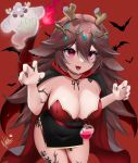  1girl :d absurdres bat_(animal) black_nails breasts brown_hair cleavage commentary cowboy_shot dated dragon_horns english_commentary fangs fingernails fire flask flower hair_between_eyes hair_flower hair_ornament halloween_costume highres horns indie_virtual_youtuber large_breasts leaning_forward long_fingernails long_hair looking_at_viewer natch_imaycz open_mouth red_background red_eyes scales signature simple_background smile solo sugi_aoki wings 
