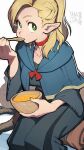  1girl absurdres artist_name blue_capelet blush bowl capelet choker commentary_request dungeon_meshi eating elf green_eyes grey_background hata4564 highres holding holding_bowl holding_spoon looking_at_viewer marcille pointy_ears red_choker simple_background sitting solo spoon 