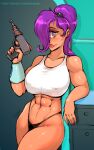  1_eye abs absurd_res clothing comedy_central cyclops female futurama gav gun hair hi_res humanoid muscular muscular_female muscular_humanoid navel nipple_outline not_furry panties ponytail purple_hair ranged_weapon solo thick_thighs thong turanga_leela underwear weapon wide_hips 