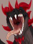  3:4 absurd_res bodily_fluids dragon fangs feral front_view grey_body grey_scales hi_res horn imperatorcaesar looking_at_viewer male mouth_shot narrowed_eyes open_mouth pupils red_eyes red_horn saliva saliva_on_tongue saliva_string scales simple_background slit_pupils solo teeth tongue tongue_out 